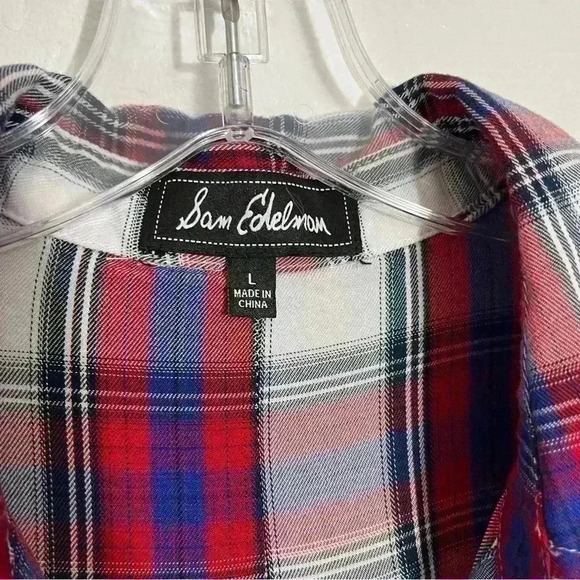SAM EDELMAN Red, White, and Blue Plaid Woman Button Down | size Large - Picture 6 of 13